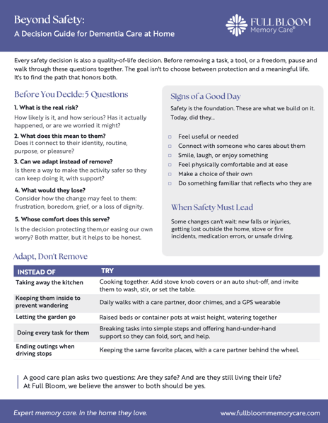 Beyond Safety: A Decision Guide, a one-page dementia care decision tool from Full Bloom Memory Care
